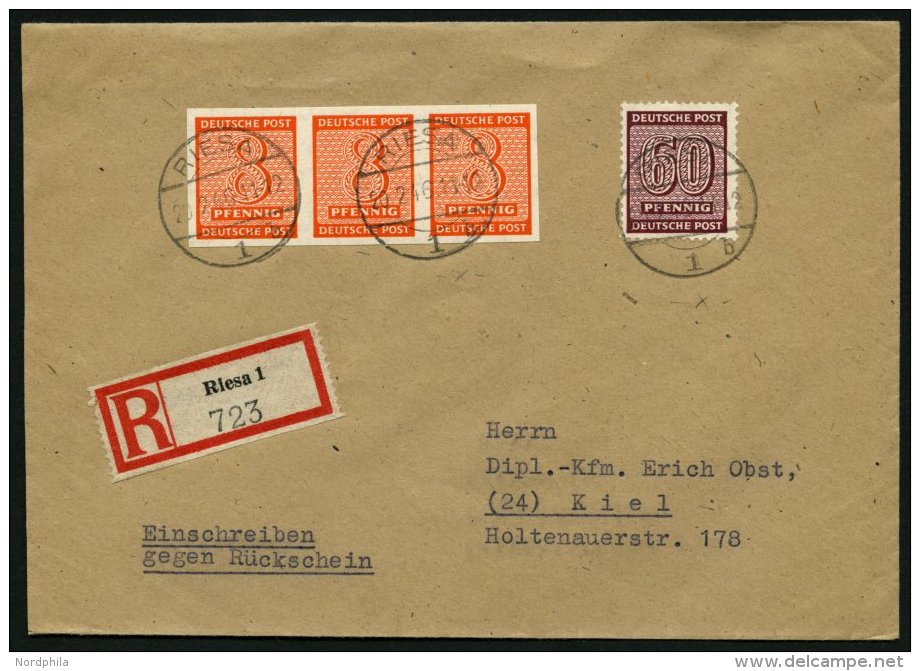 WEST-SACHSEN 137Xa BRIEF, 1945, 60 Pf. Braunkarmin, Wz. 1X, Mit Dreierstreifen Nr. 118X Auf Einschreibbrief Aus RIESA, P - Sonstige & Ohne Zuordnung