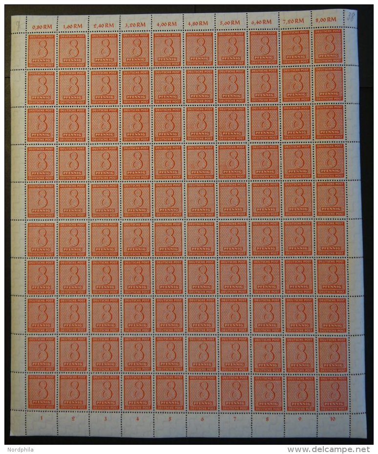 WEST-SACHSEN 130X **, 1945, 8 Pf. Lebhaftorange, Wz. 1X, Im Bogen (100), Dabei Die Abarten 130I Und 130II, Pracht - Sonstige & Ohne Zuordnung