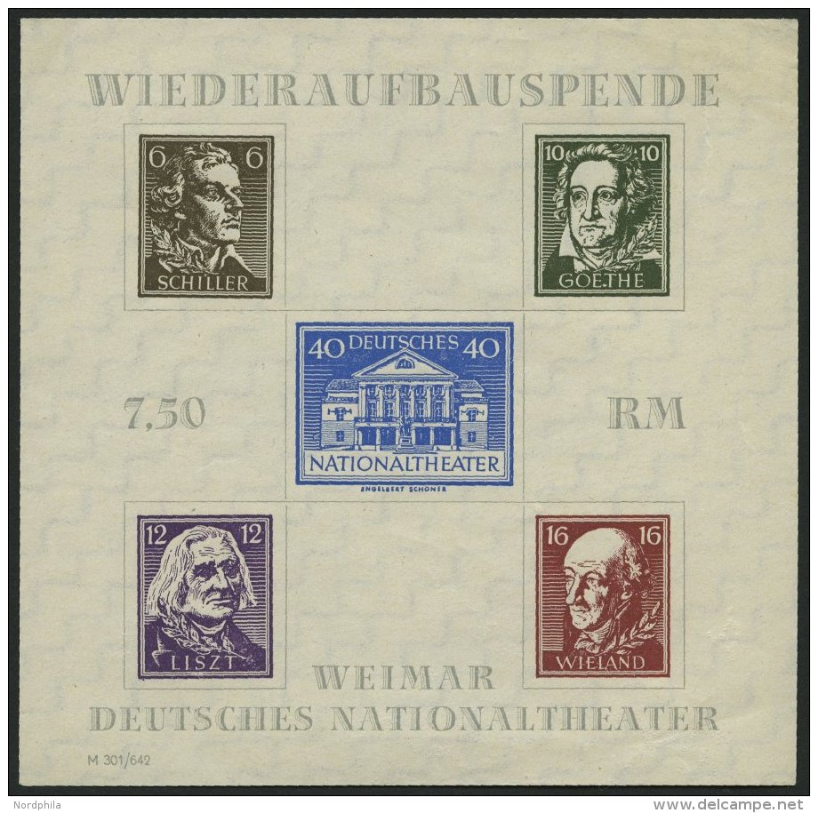 TH&Uuml;RINGEN Bl. 3APFIV (*), 1946, Block Nationaltheater, Ungez&auml;hnt, Mit Plattenfehler Punkt Hinter Erstem E Im G - Sonstige & Ohne Zuordnung