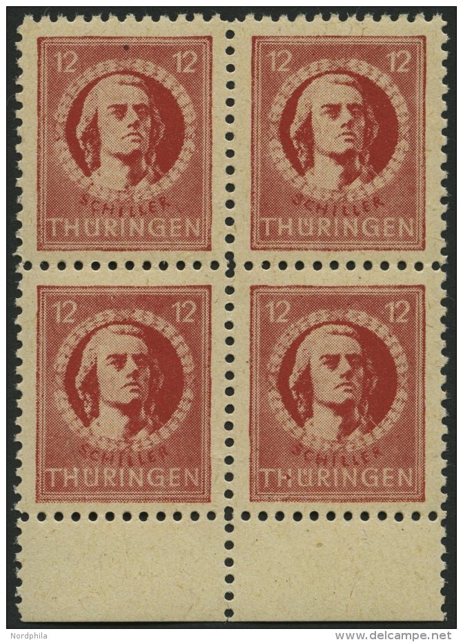 TH&Uuml;RINGEN 97bt VB **, 1945, 12 Pf. Dunkelbr&auml;unlichrot, Gelblichgraues Papier, Im Randviererblock, Pracht, Gepr - Otros & Sin Clasificación