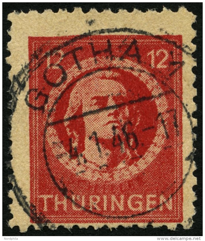 TH&Uuml;RINGEN 97AXbat O, 1945, 12 Pf. Dunkelbr&auml;unlichrot (dunkelbraunrot Quarzend), Gelblichgraues Papier, Kleine - Otros & Sin Clasificación