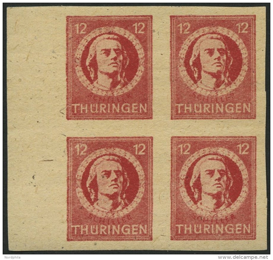 TH&Uuml;RINGEN 97AXaqU VB **, 1945, 12 Pf. Karminrot, Vollgummierung, Ungez&auml;hnt, Im Randviererblock, Pracht, Gepr. - Otros & Sin Clasificación