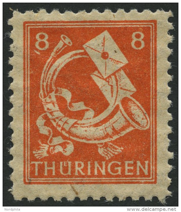 TH&Uuml;RINGEN 96AYyy **, 1945, 8 Pf. Rotorange, Spargummierung, D&uuml;nnes Papier, Pracht, Attestkopie Herpichb&ouml;h - Sonstige & Ohne Zuordnung