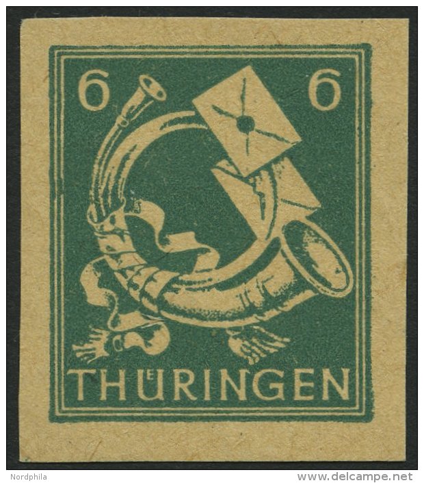 TH&Uuml;RINGEN 95AYbyU **, 1945, 6 Pf. Schw&auml;rzlichbl&auml;ulichgr&uuml;n, Spargummierung, Gelblichgraues Papier, Un - Otros & Sin Clasificación