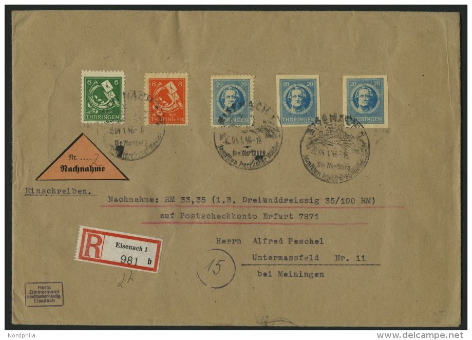 TH&Uuml;RINGEN 95/6,98A/B BRIEF, 1945, 6 Pf., 8 Pf. Und 20 Pf. Gez&auml;hnt Und Ungez&auml;hnt Auf Portogerechtem Nachna - Sonstige & Ohne Zuordnung