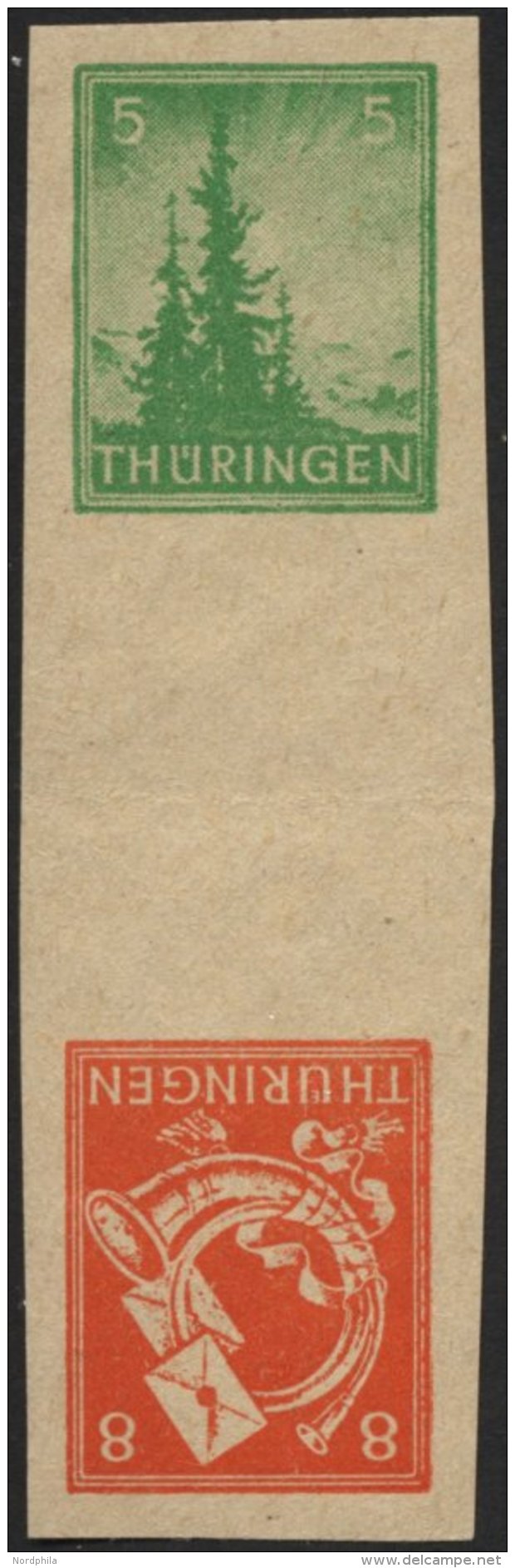 TH&Uuml;RINGEN 94/6SKZU **, 1945, 5 Pf. Gelblichgr&uuml;n Und 8 Pf. Rotorange Im Senkrechten Kehrdruckpaar Mit Zwischens - Otros & Sin Clasificación