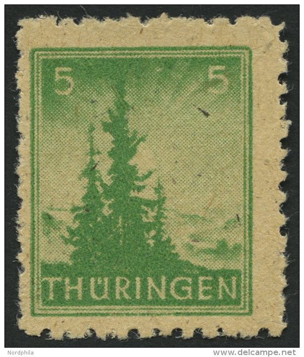 TH&Uuml;RINGEN 94AYbz2 **, 1945, 5 Pf. Dunkelsmaragdgr&uuml;n, Spargummierung, Dickes Papier, Fallende Papierstreifung, - Sonstige & Ohne Zuordnung