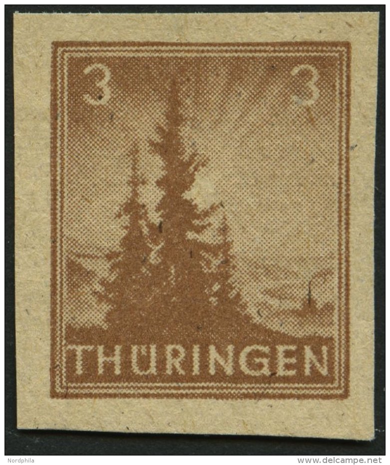 TH&Uuml;RINGEN 92AYz2U **, 1946, 3 Pf. Orangebraun, Spargummierung, Dickes Papier, Fallende Papierstreifung, Ungez&auml; - Otros & Sin Clasificación