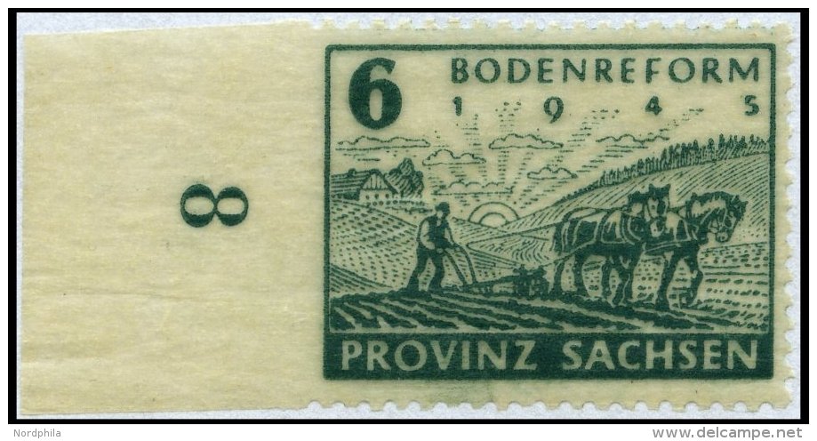 PROVINZ SACHSEN 90Ul **, 1946, 6 Pf. Bodenreform Auf Zigarettenpapier, Links Ungez&auml;hnt Mit Bogenrand, Pracht, R!, M - Otros & Sin Clasificación