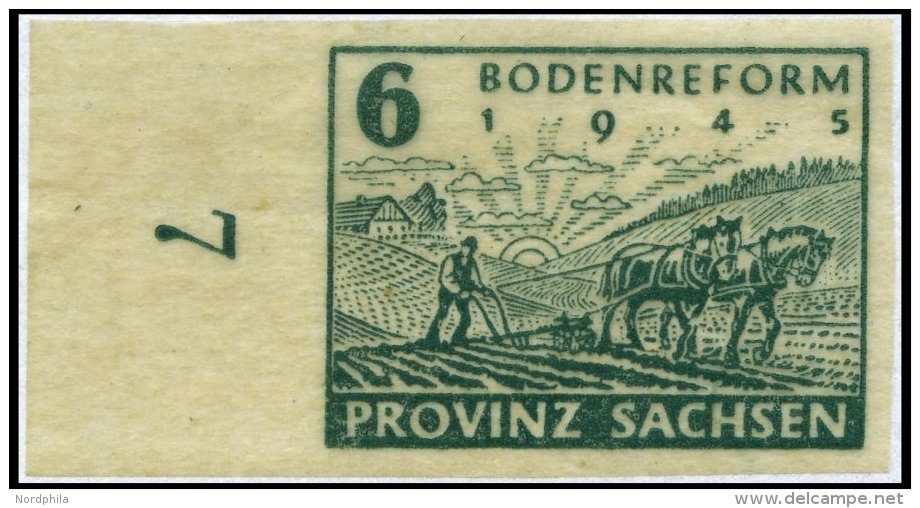 PROVINZ SACHSEN 90U **, 1946, 6 Pf. Bodenreform Auf Zigarettenpapier, Wz. W, Ungez&auml;hnt, Linkes Randst&uuml;ck Mit N - Otros & Sin Clasificación