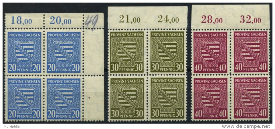 PROVINZ SACHSEN 81,83/4Y VB **, 1945, 20 Pf. Hellblau, 30 Pf. Oliv Und 40 Pf. Dunkelpurpur, Wz. 1Y, Je Im Viererblock Vo - Sonstige & Ohne Zuordnung