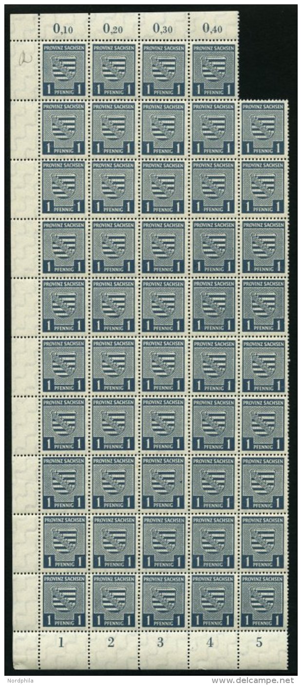 PROVINZ SACHSEN 73Xy **, 1945, 1 Pf. Schw&auml;rzlichgr&uuml;nlichblau, Wz. 1X, Fluoreszierende Gummierung, 49x Im Bogen - Sonstige & Ohne Zuordnung