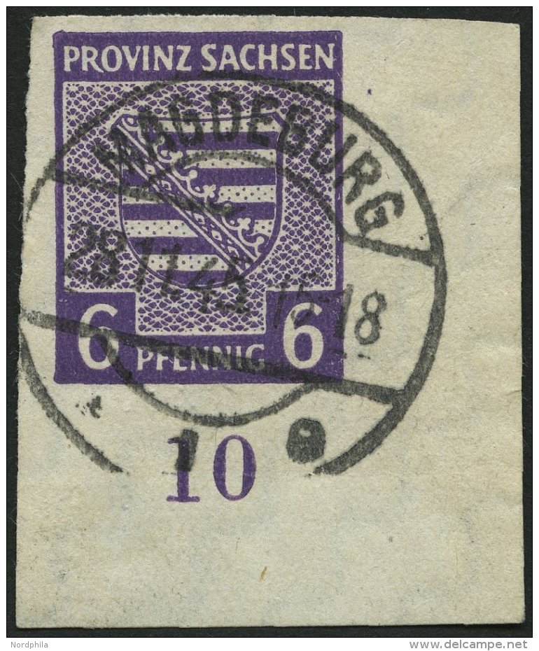 PROVINZ SACHSEN 69Xc O, 1945, 6 Pf. Dunkelgrauviolett, Wz. 1X, Untere Rechte Bogenecke, Pracht, Gepr. Str&ouml;h, Mi. (1 - Otros & Sin Clasificación