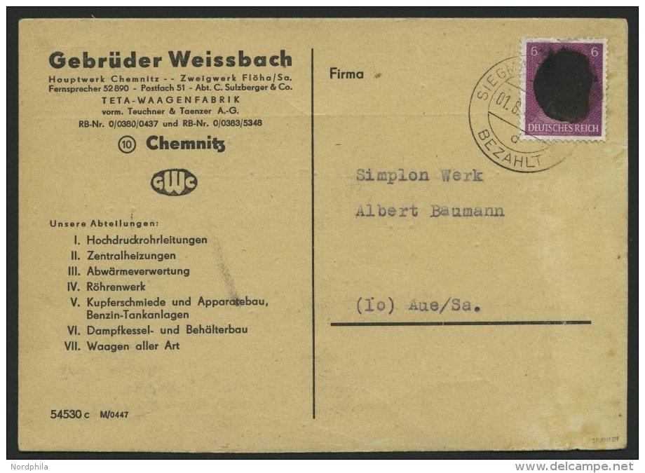 S&Auml;CHSISCHE SCHW&Auml;RZUNGEN AP 785bI BRIEF, SIEGMAR-SCH&Ouml;NAU 1 BEZAHLT, 6 Pf. Auf Postkarte, Feinst, Gepr. Stu - Otros & Sin Clasificación