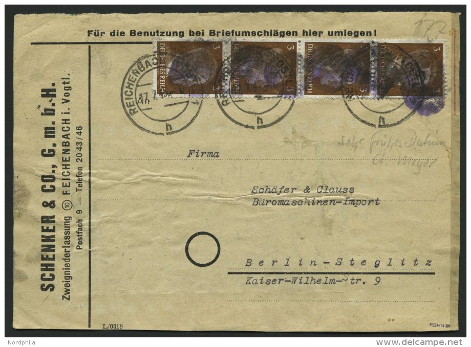 S&Auml;CHSISCHE SCHW&Auml;RZUNGEN AP 782I BrfStk, REICHENBACH, 3 Pf. Im Senkrechten Viererstreifen Auf Briefvorderseite, - Otros & Sin Clasificación