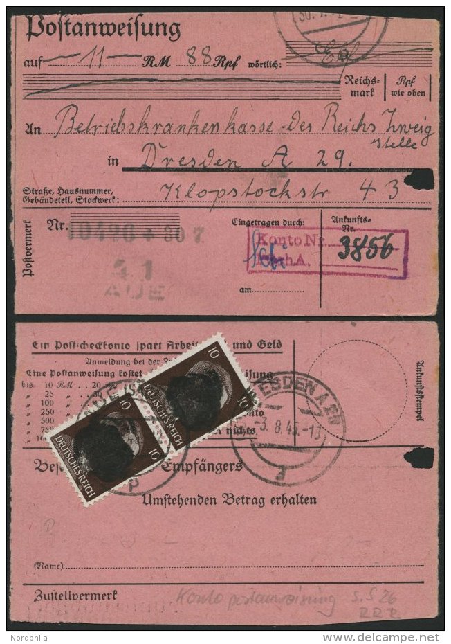 S&Auml;CHSISCHE SCHW&Auml;RZUNGEN AP 826I Paar BRIEF, AUE/SACHSEN, 10 Pf. Im Senkrechten Paar R&uuml;ckseitig Auf Konto- - Otros & Sin Clasificación