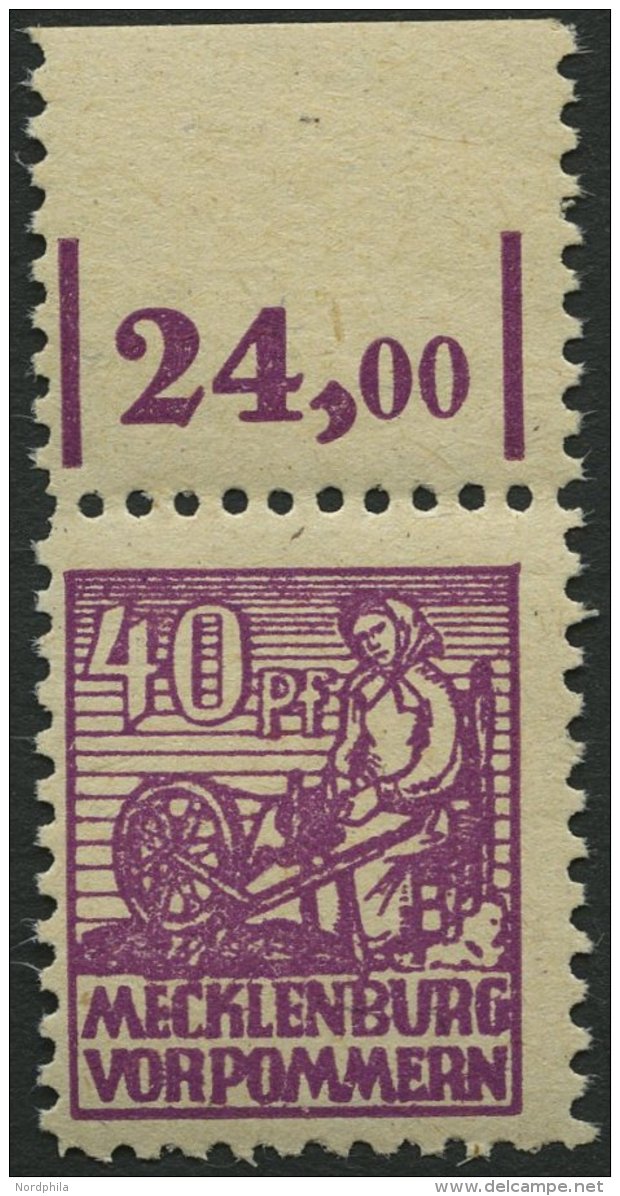 MECKLENBURG-VORPOMMERN 40yb **, 1946, 40 Pf. Violettpurpur, Oberrandst&uuml;ck, Pracht, Gepr. Kramp, Mi. (100.-) - Otros & Sin Clasificación