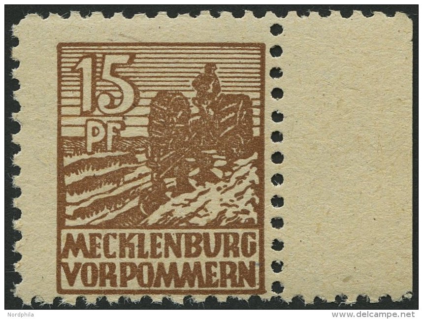 MECKLENBURG-VORPOMMERN 37ye **, 1946, 15 Pf. Orangebraun, Graues Papier, Rechtes Randst&uuml;ck, Pracht, Gepr. Kramp, Mi - Otros & Sin Clasificación