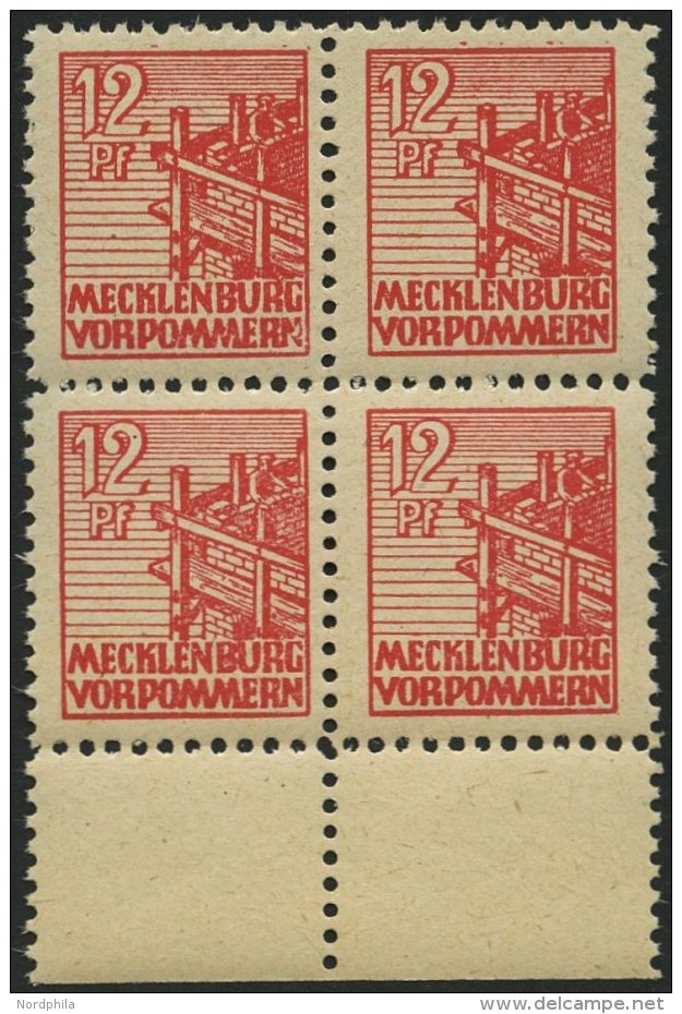 MECKLENBURG-VORPOMMERN 36zz VB **, 1946, 12 Pf. Rot, D&uuml;nnes Papier, Diagonal Genetzte Gummierung, Im Viererblock Vo - Otros & Sin Clasificación