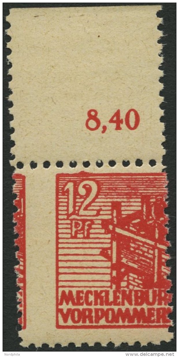 MECKLENBURG-VORPOMMERN 36zf **, 1946, 12 Pf. Dunkelrosa, D&uuml;nnes Papier, Oberrandst&uuml;ck, Dezentriert, Pracht, Ge - Otros & Sin Clasificación