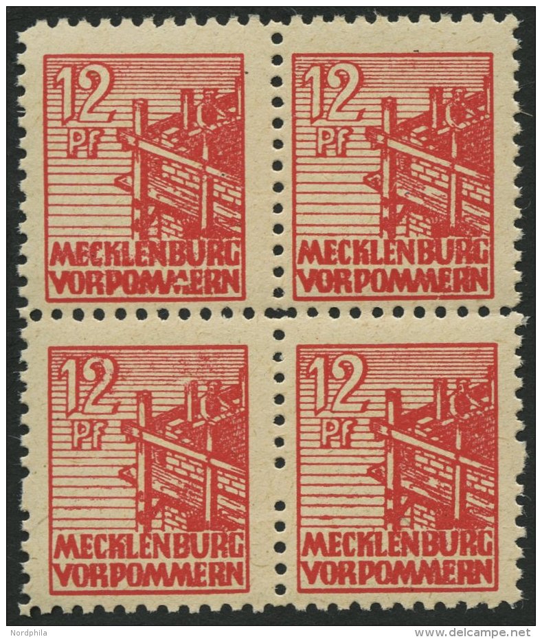 MECKLENBURG-VORPOMMERN 36zb VB **, 1946, 12 Pf. Rot, D&uuml;nnes Papier, Im Viererblock, Dabei Plattenfehler 36III, Prac - Otros & Sin Clasificación