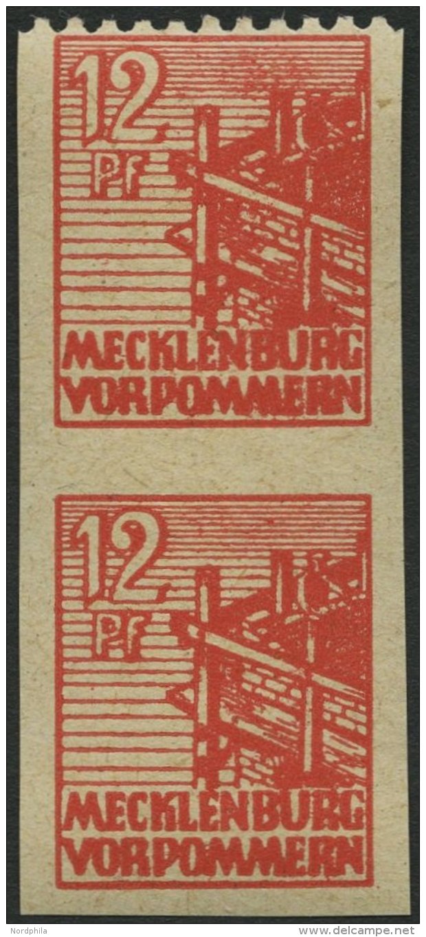 MECKLENBURG-VORPOMMERN 36yeU,Udr **, 1946, 12 Pf. Orangerot, Graues Papier, Im Senkrechten Paar, Ungez&auml;hnt, Obere M - Otros & Sin Clasificación