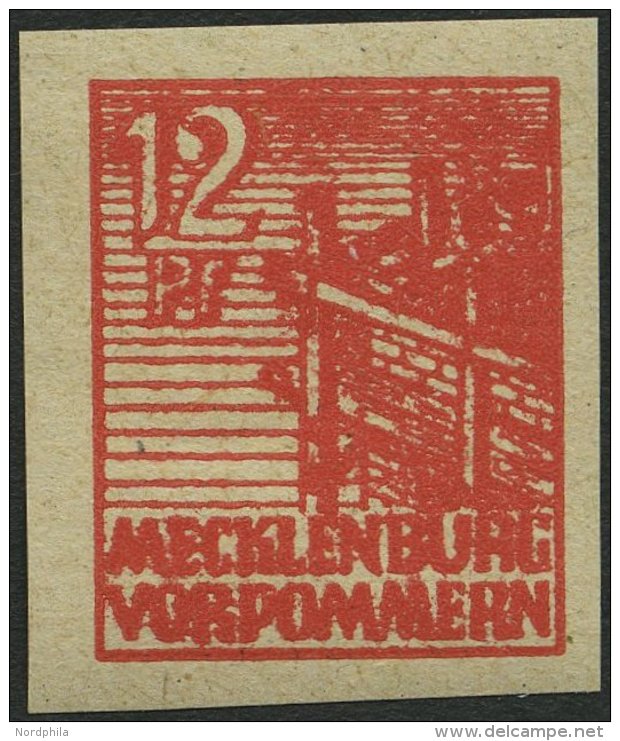 MECKLENBURG-VORPOMMERN 36yeU **, 1946, 12 Pf. Orangerot, Graues Papier, Ungez&auml;hnt, Pracht, Gepr. Kramp, Mi. 120.- - Otros & Sin Clasificación