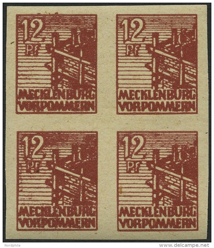 MECKLENBURG-VORPOMMERN 36ydU VB **, 1946, 12 Pf. Braunrot, Graues Papier, Ungez&auml;hnt, Im Viererblock, Pracht, R!, Fo - Otros & Sin Clasificación