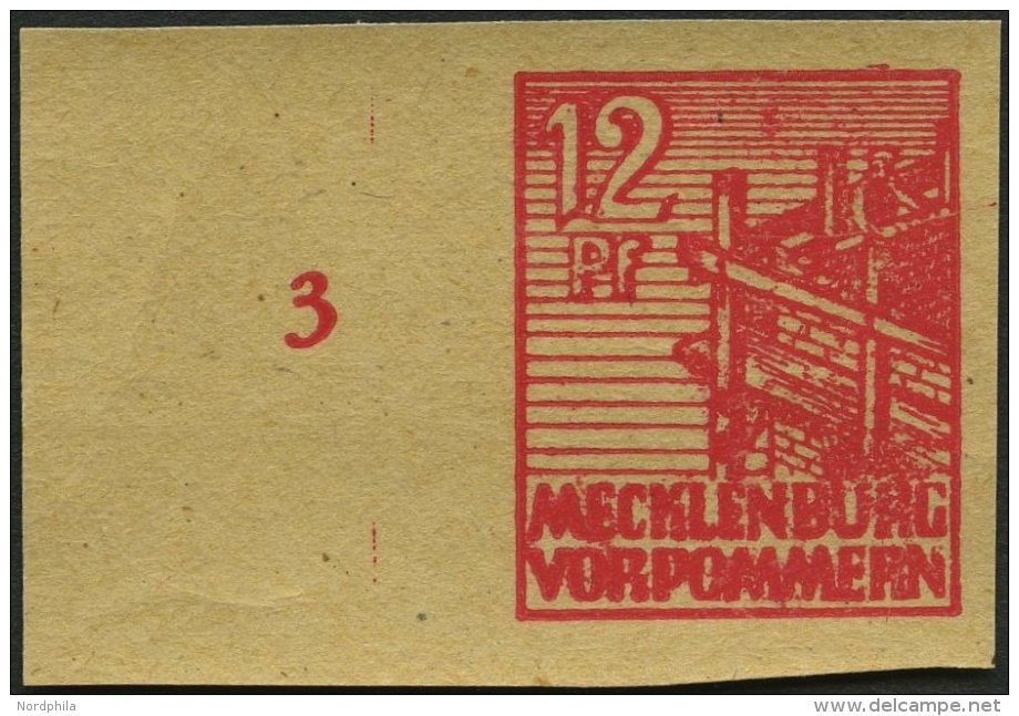 MECKLENBURG-VORPOMMERN 36ybGU **, 1946, 12 Pf. Rot, Graues Papier, Druck Auf Gummiseite, Ungez&auml;hnt, Pracht, Mi. 150 - Otros & Sin Clasificación