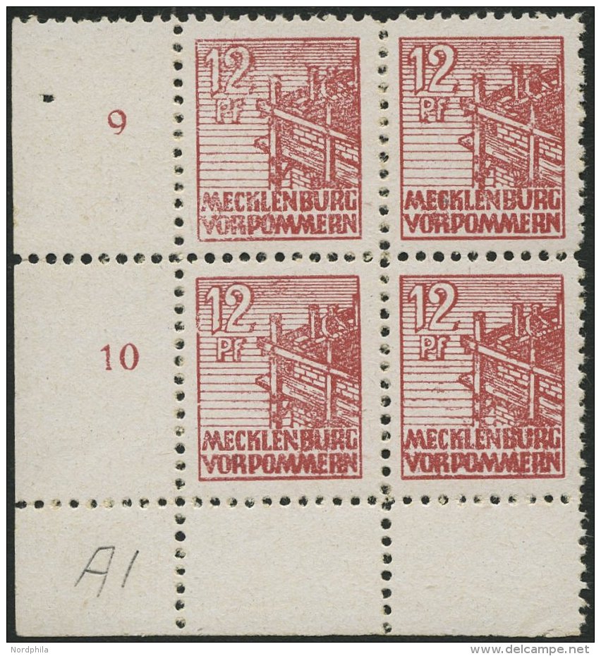 MECKLENBURG-VORPOMMERN 36xc VB **, 1946, 12 Pf. Lebhaftbraunrot, Kreidepapier, Im Unteren Linken Eckrandviererblock, Pra - Otros & Sin Clasificación