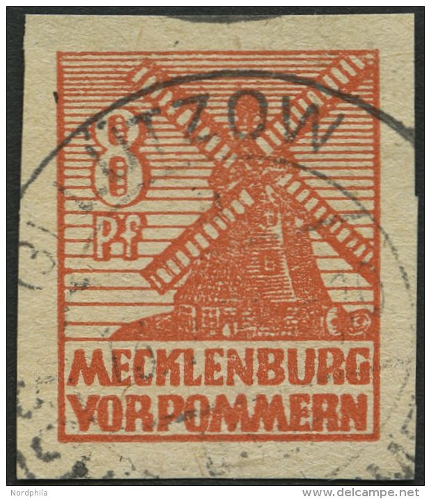 MECKLENBURG-VORPOMMERN 34yc O, 1946, 8 Pf. Schw&auml;rzlichorange, Graues Papier, Mit Ungekl&auml;rtem Stempel L&Uuml;TZ - Sonstige & Ohne Zuordnung