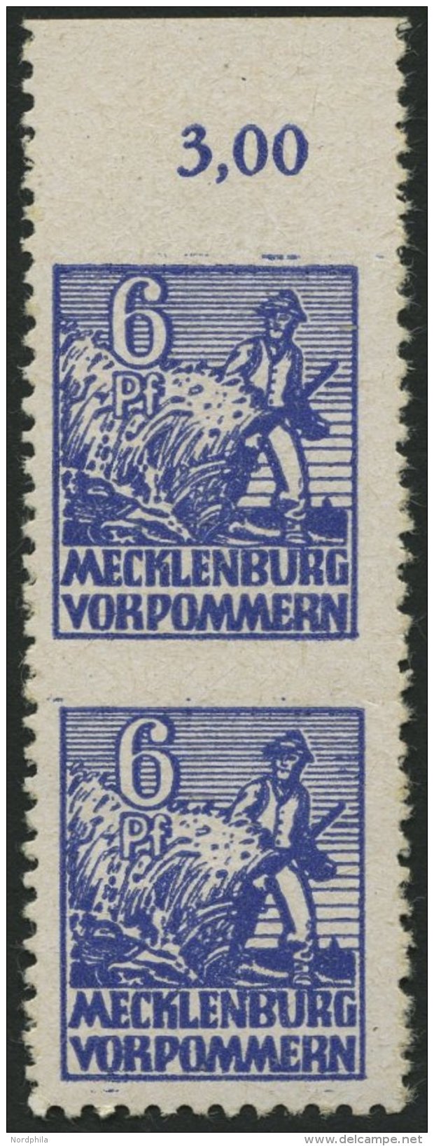 MECKLENBURG-VORPOMMERN 33xbUw,Uo **, 1946, 6 Pf. Violettblau, Kreidepapier, Im Senkrechten Paar, Obere Marke Waagerecht - Otros & Sin Clasificación