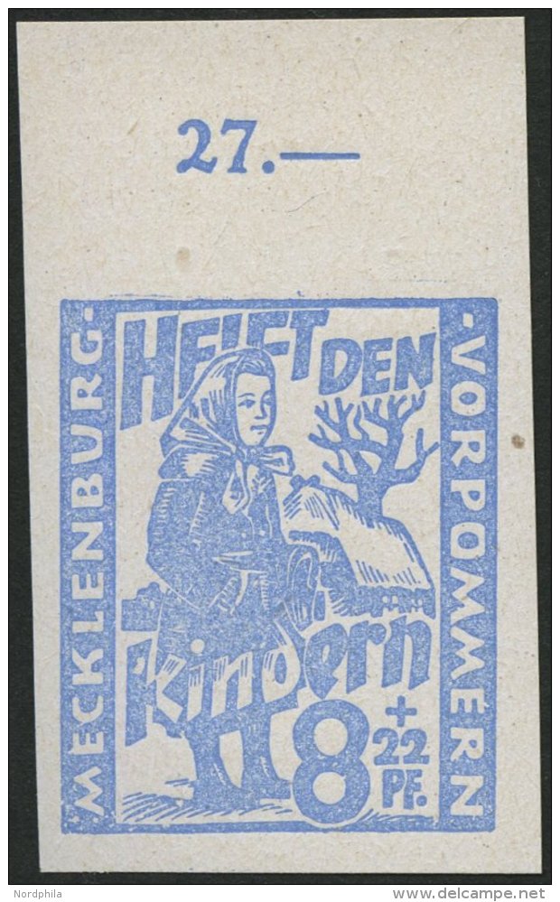 MECKLENBURG-VORPOMMERN 27aIVU **, 1945, 8 Pf. Hellultramarin Kinderhilfe Mit Plattenfehler K Von Kindern Links Besch&aum - Otros & Sin Clasificación