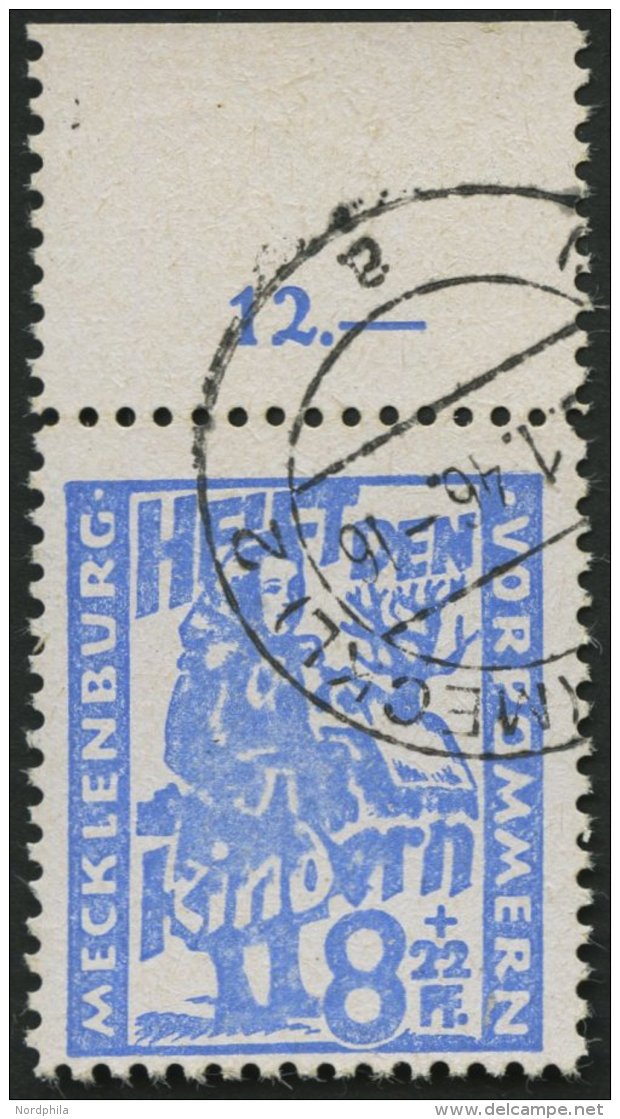 MECKLENBURG-VORPOMMERN 27a O, 1945, 8 Pf. Hellultramarin Kinderhilfe, Oberrandst&uuml;ck, Pracht, Gepr. Kramp - Sonstige & Ohne Zuordnung