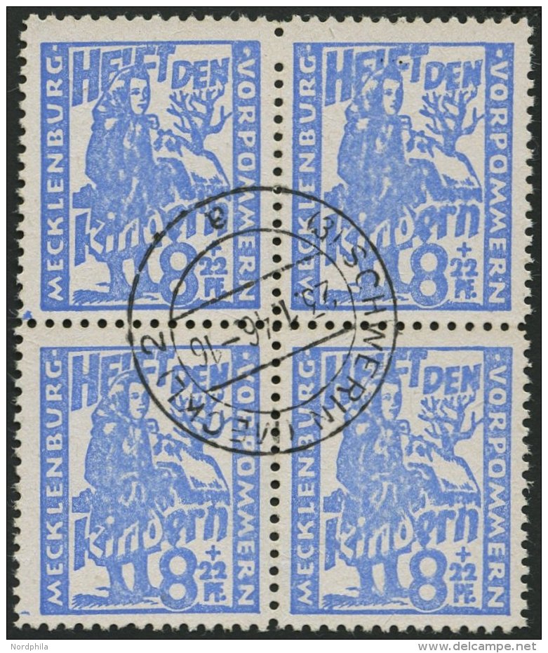 MECKLENBURG-VORPOMMERN 27a VB O, 1945, 8 Pf. Hellultramarin Kinderhilfe Im Zentrisch Gestempelten Viererblock, Pracht, G - Sonstige & Ohne Zuordnung