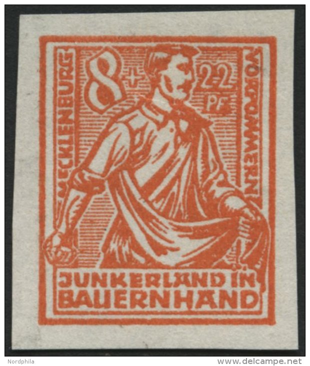 MECKLENBURG-VORPOMMERN 24PIIU (*), 1945, Probedruck: 8 Pf. Orange, Pergamentpapier, Ungez&auml;hnt, Pracht, Mi. 180.- - Sonstige & Ohne Zuordnung