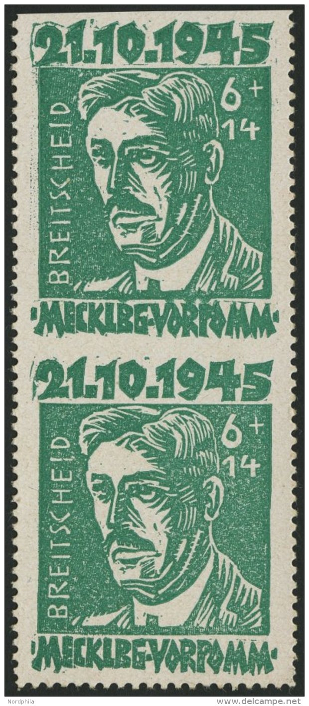 MECKLENBURG-VORPOMMERN 20aUo,w**, *, 1945, 6 Pf. Hellgr&uuml;n Faschismus Im Senkrechten Paar, Untere Marke Oben Ungez&a - Sonstige & Ohne Zuordnung