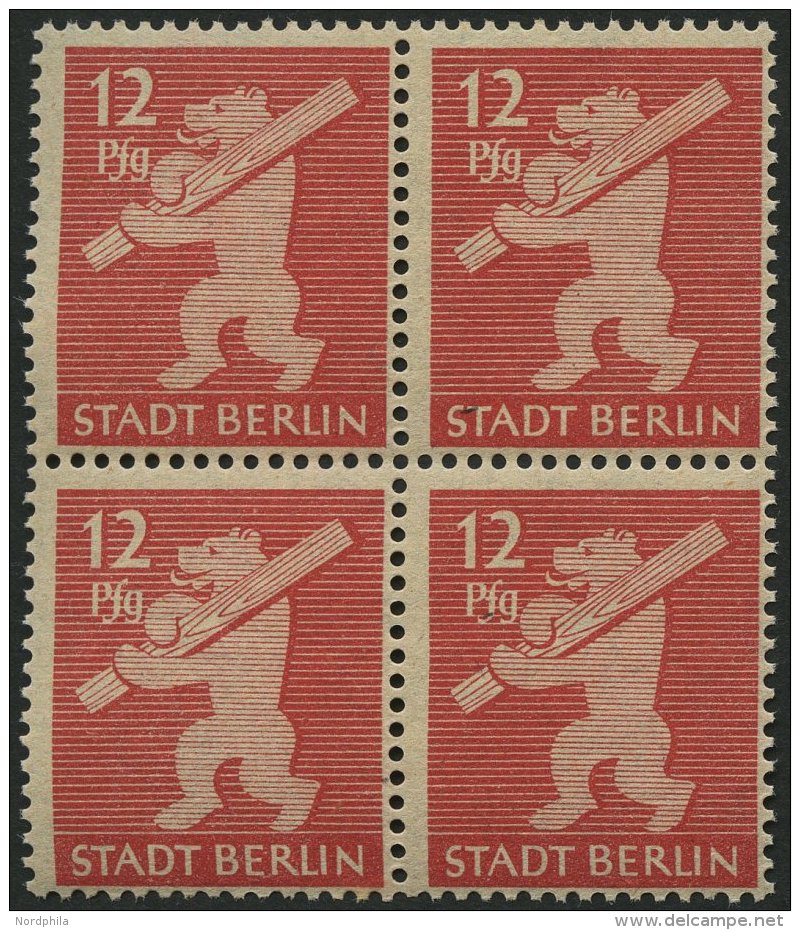 BERLIN UND BRANDENBURG 5AAwax VB **, 1945, 12 Pf. Mittelkarminrot, Graurosa Papier, Glatter Gummi, Im Viererblock, Prach - Otros & Sin Clasificación