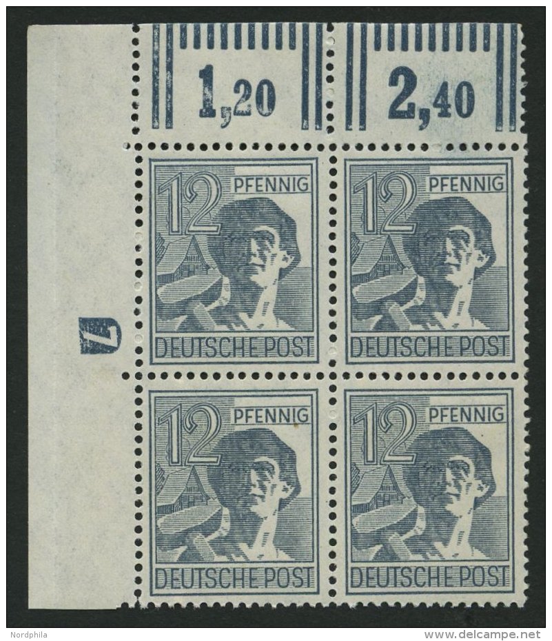 ALLIIERTE BES. 947DZ **, 1947, 12 Pf. Grau Mit Druckereizeichen 7 (negativ) Im Oberen Linken Eckrandviererblock, Pracht - Sonstige & Ohne Zuordnung