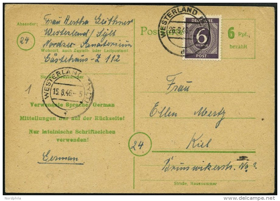 ALLIIERTE BES. 916c BRIEF, 1946, 6 Pf. Grauviolett Als Zusatzfrankatur Auf P 783 Von WESTERLAND Nach Kiel, Pracht - Sonstige & Ohne Zuordnung