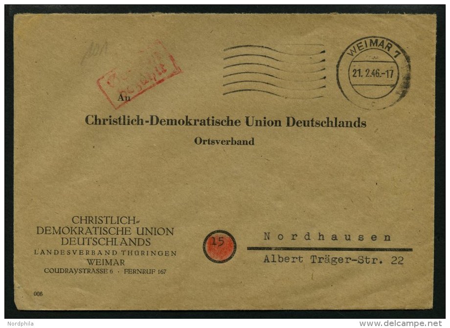 ALL. BES. GEB&Uuml;HR BEZAHLT WEIMAR 7, 21.2.46, Roter R2 Geb&uuml;hr Bezahlt, Auf Prachtbrief - Otros & Sin Clasificación