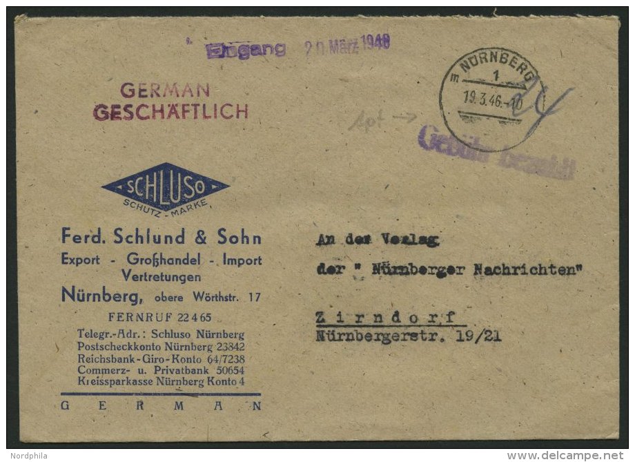 ALL. BES. GEB&Uuml;HR BEZAHLT N&Uuml;RNBERG, 19.3.46, Violetter L1 Geb&uuml;hr Bezahlt, Prachtbrief - Otros & Sin Clasificación