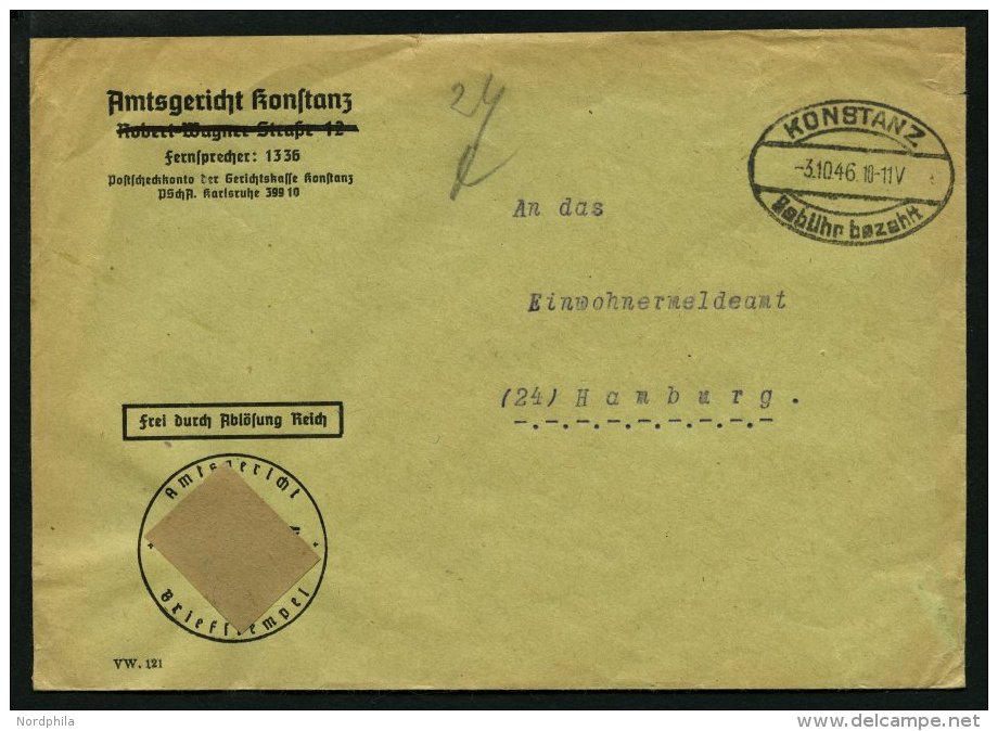 ALL. BES. GEB&Uuml;HR BEZAHLT KONSTANZ Geb&uuml;hr Bezahlt, 3.10.46, Ellipsenstempel, Handschriftlich 24, Beh&ouml;rdenb - Sonstige & Ohne Zuordnung