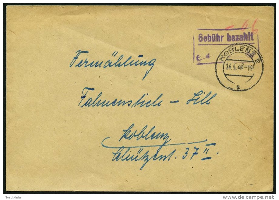 ALL. BES. GEB&Uuml;HR BEZAHLT KOBLENZ, 24.5.46, Handschriftlich -06, Violetter Postmeisterstempel Geb&uuml;hr Bezahlt, P - Sonstige & Ohne Zuordnung