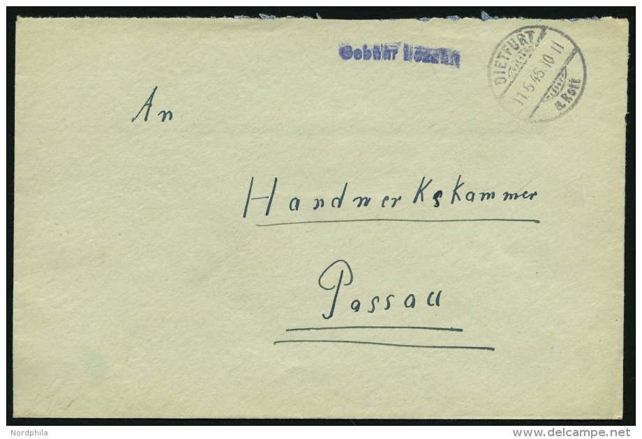 ALL. BES. GEB&Uuml;HR BEZAHLT DIETFURT (ROTT), 11.5.45, L1 Geb&uuml;hr Bezahlt Auf Prachtbrief - Sonstige & Ohne Zuordnung
