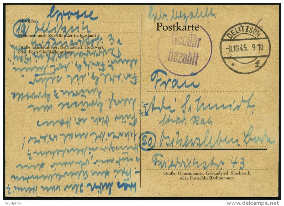 ALL. BES. GEB&Uuml;HR BEZAHLT DELITZSCH, 8.10.45, Violetter K1 Geb&uuml;hr Bezahlt, Prachtpostkarte - Otros & Sin Clasificación