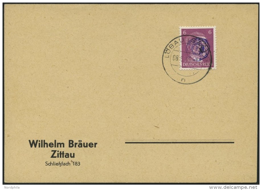 L&Ouml;BAU 1 BRIEF, 1945, 6 Pf. Hitler Mit Blauviolettem Echten Aufdruck Auf Br&auml;uer-Blancokarte, Stempel L&Ouml;BAU - Privatpost