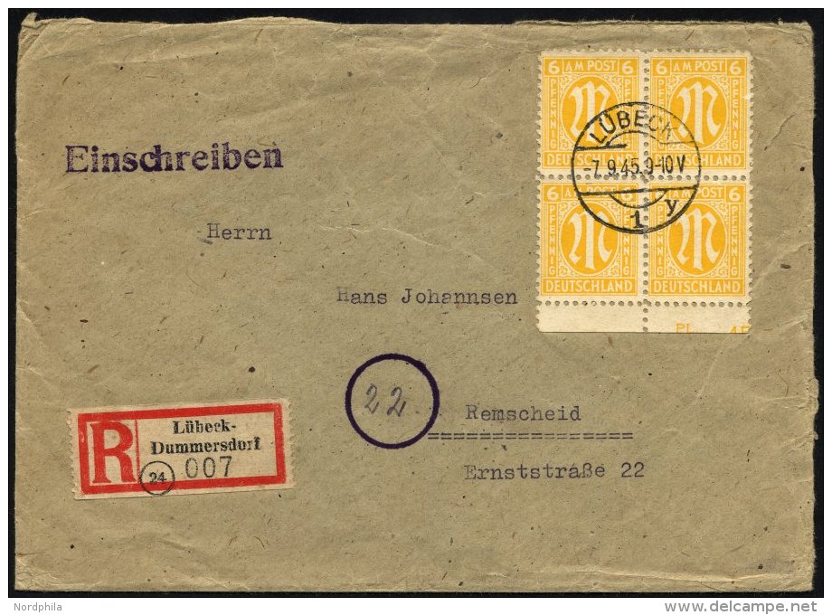 HAMBURG 2 BRIEF, 1945, R-Zettel L&uuml;beck-Dummersdorf Als 30 Pf.-Marke Verwendet, Brief Mit Viererblock 6 Pf. AM-Post - Correos Privados & Locales