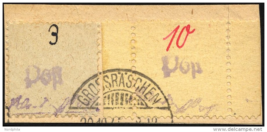 GROSSR&Auml;SCHEN 6S BrfStk, 1945, 10 Pf. Auf Gelb Mit Seitenr&auml;ndern, Mit 3 Pf. Zusatzfrankatur (Mi.Nr. 1) Auf Brie - Privatpost