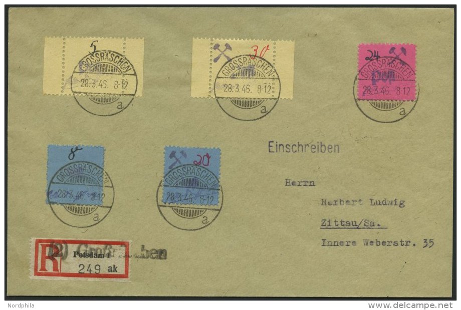 GROSSR&Auml;SCHEN 3S,10S BRIEF, 1946, 5 Und 30 Pf. Geb&uuml;hrenmarken Aus Streifen Mit Zusatzfrankatur Auf Einschreibbr - Correos Privados & Locales